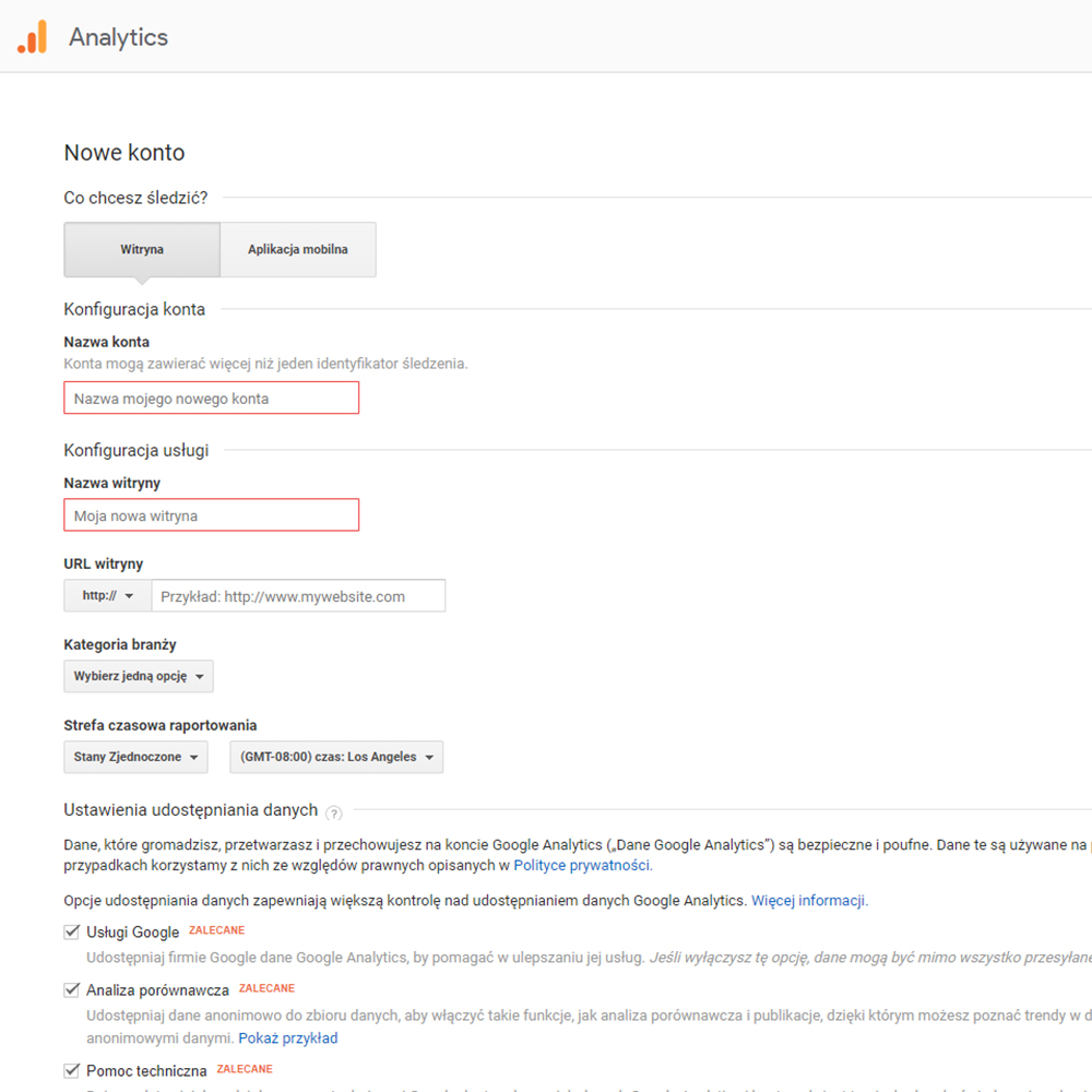 Rejestracja w Google Analytics, krok 2