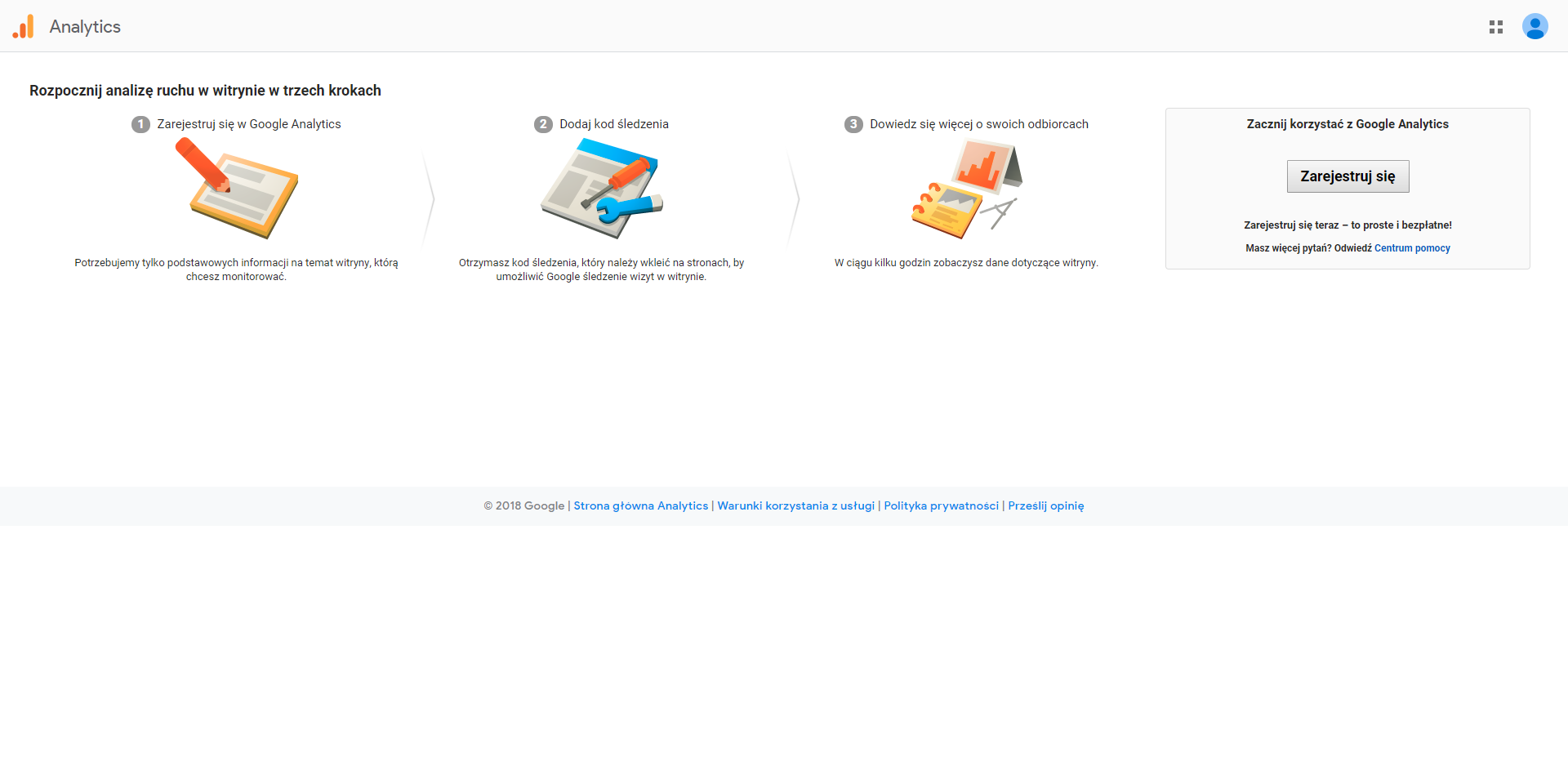 Rejestracja w Google Analytics, krok 1