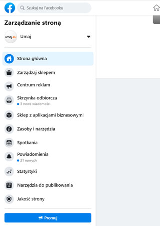 Lewe menu na firmowej stronie FB